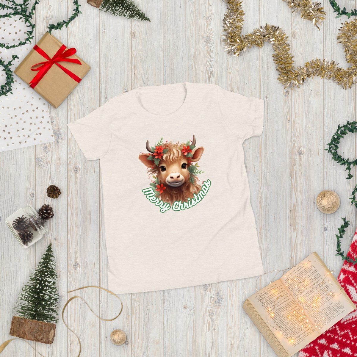 Christmas Highland Cow T-Shirt - High Quality Festive Family Teenager T-Shirt, Gift for Cow Lovers, Cute Christmas Shirt, Youth Xmas Tee - Everything Pixel