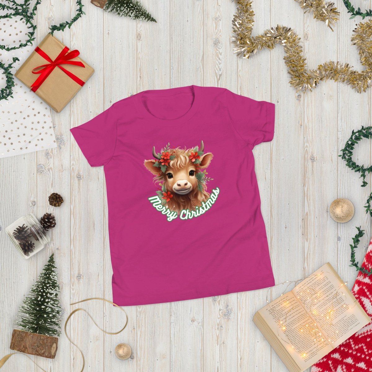 Christmas Highland Cow T-Shirt - High Quality Festive Family Teenager T-Shirt, Gift for Cow Lovers, Cute Christmas Shirt, Youth Xmas Tee - Everything Pixel
