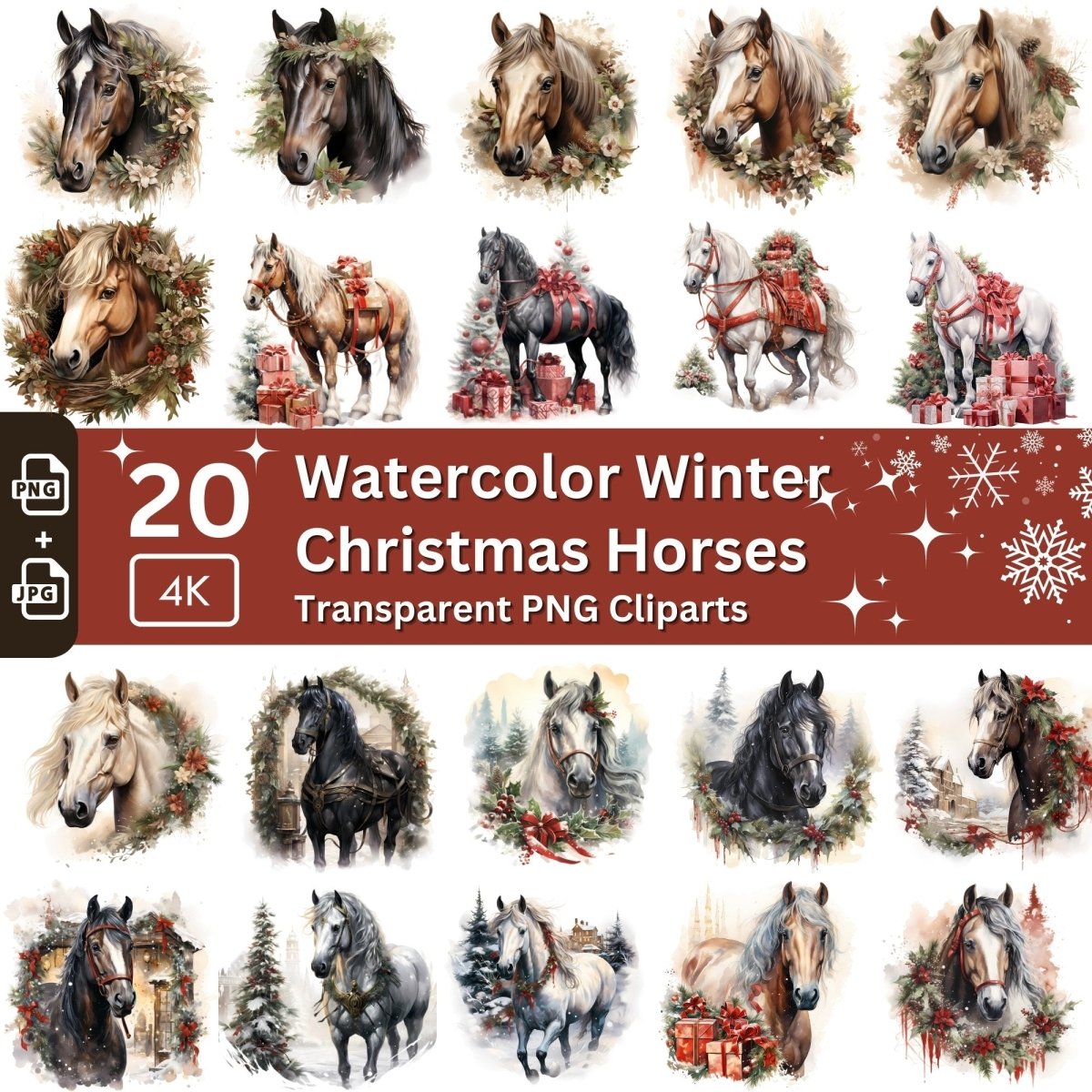 Christmas Horses Watercolor Clipart 20 PNG Bundle Seasonal Horse Images Winter Horse Graphic Horse Watercolor Sublimation Junk Journal Kit - Everything Pixel