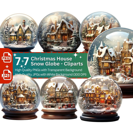 Christmas House Snow Globe Clipart 7+7 PNG/JPG Bundle Christmas Decoration - Everything Pixel