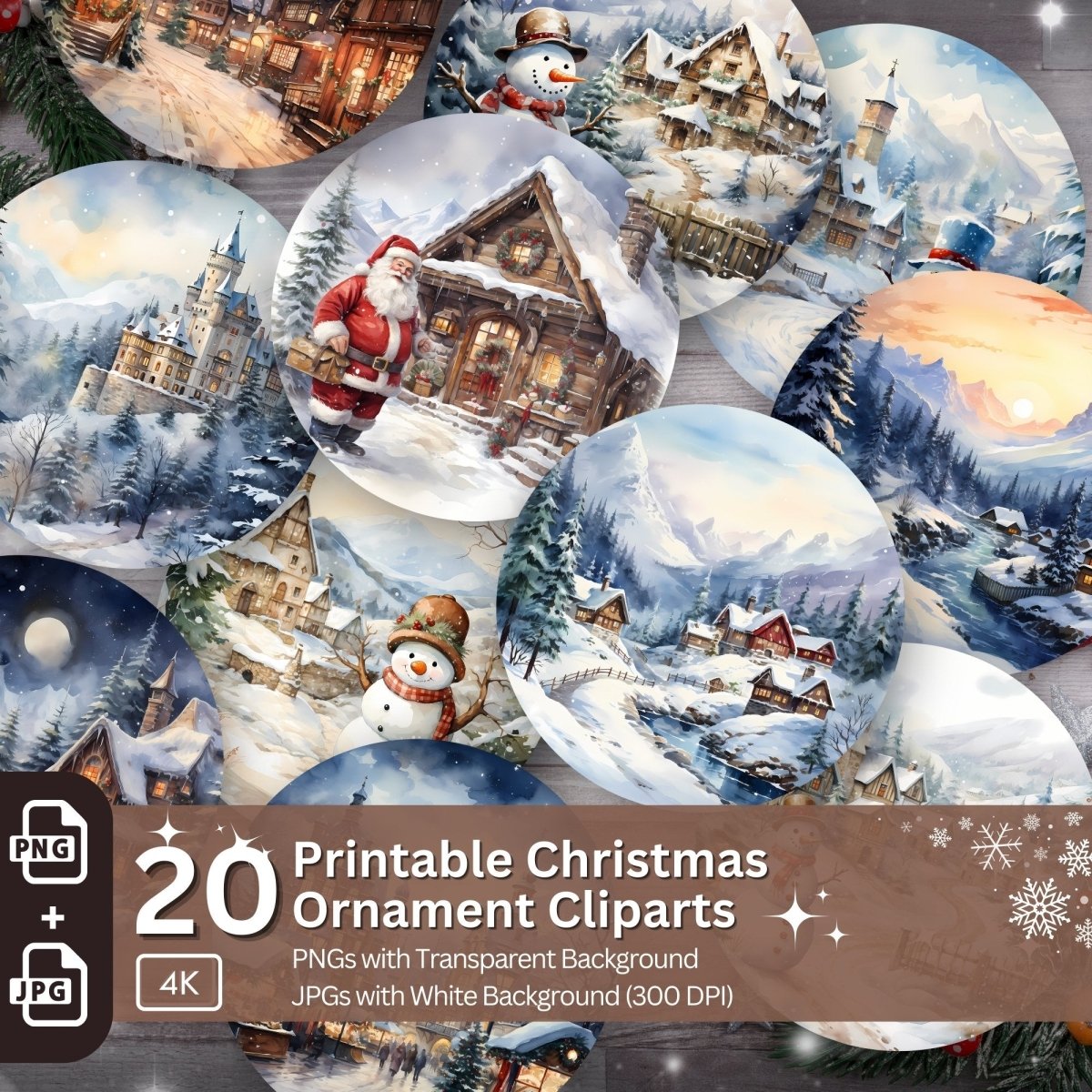 Christmas Ornaments 20 PNG Printable Bundle Sublimation Design Festive Round Stickers Snowy Landscape Christmas Decoration Clipart - Everything Pixel