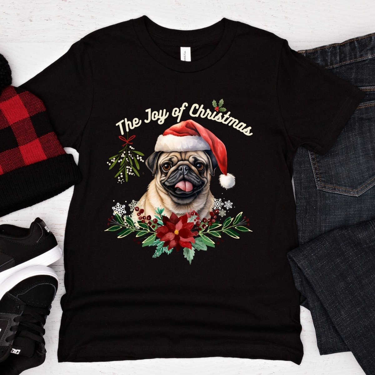 Christmas Pug T-Shirt - High Quality Festive Family Teenager T-Shirt, Gift for Her, Gift for Doglovers, Cute Xmas Dog Tee, Youth Xmas Tee - Everything Pixel