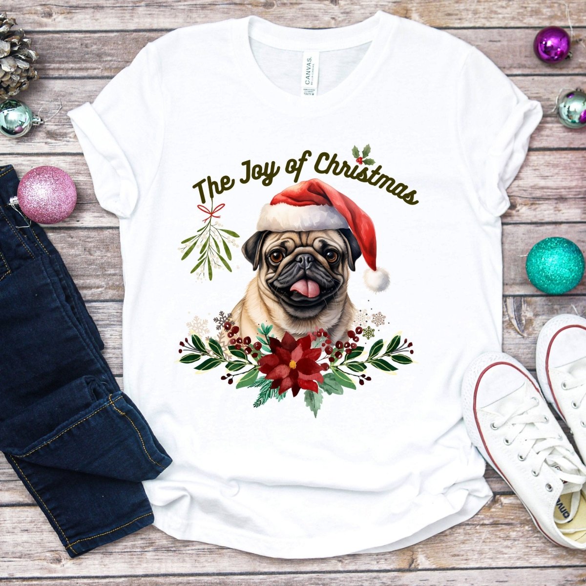 Christmas Pug T-Shirt - High Quality Festive Family Teenager T-Shirt, Gift for Her, Gift for Doglovers, Cute Xmas Dog Tee, Youth Xmas Tee - Everything Pixel