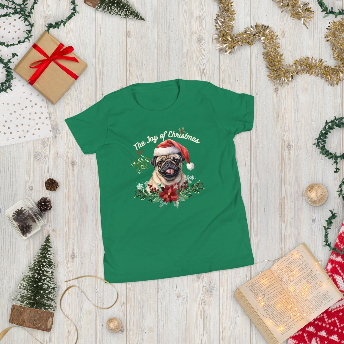 Christmas Pug T-Shirt - High Quality Festive Family Teenager T-Shirt, Gift for Her, Gift for Doglovers, Cute Xmas Dog Tee, Youth Xmas Tee - Everything Pixel