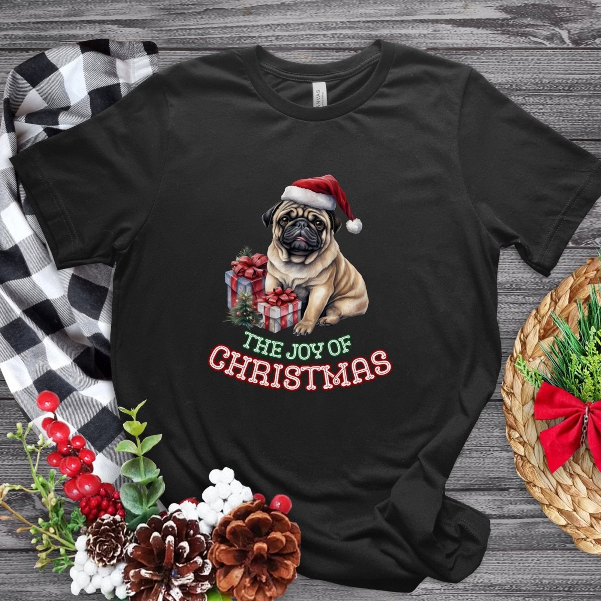 Christmas Pug T-Shirt - High Quality Festive Unisex T-Shirt, Gift for Her, Gift for Doglovers, Funny Xmas Shirt - Everything Pixel