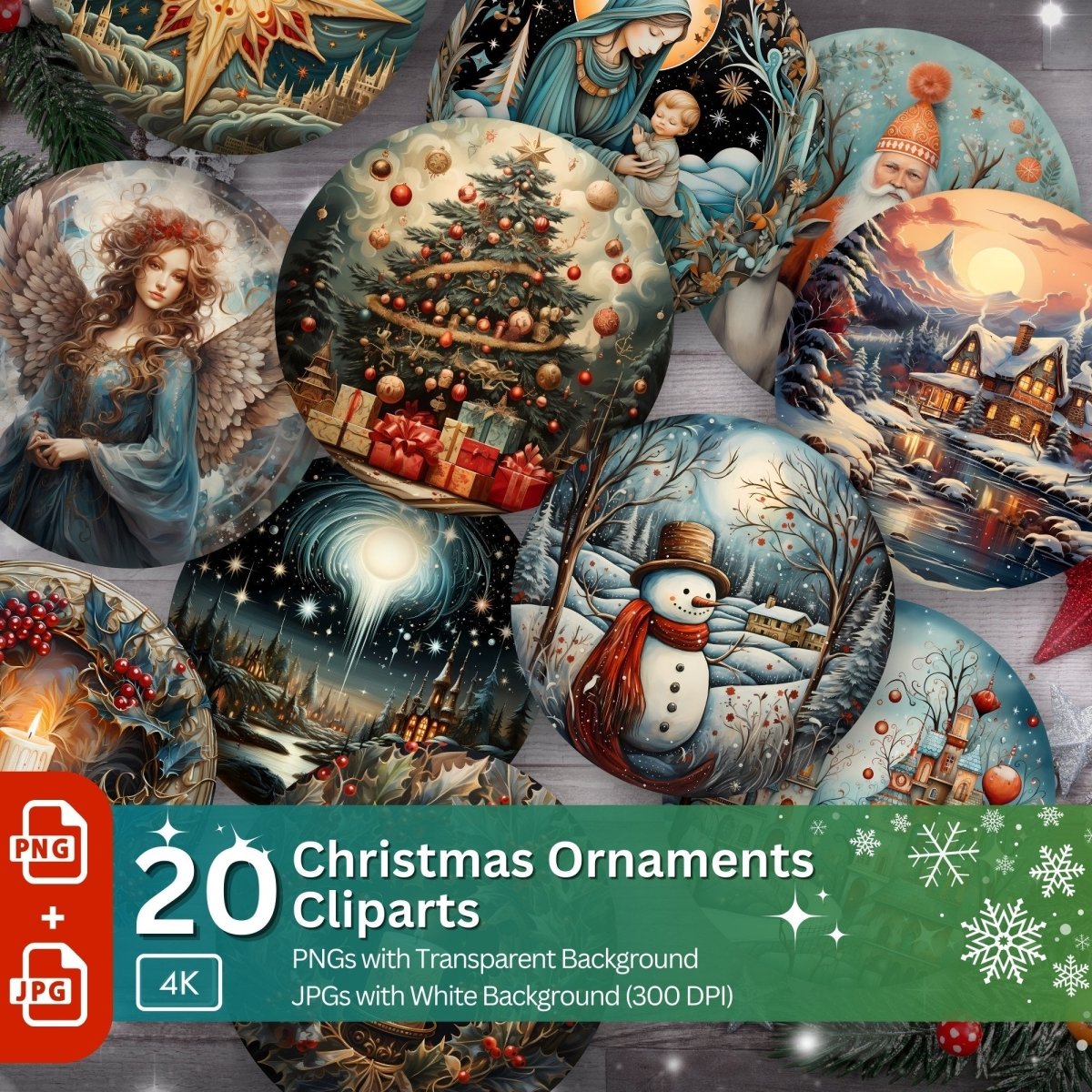 Christmas Round Ornament 20 PNG Bundle Sublimation Design Digital Paper Crafting Festive Junk Journal Kit Santa Graphics Winter Time Art - Everything Pixel