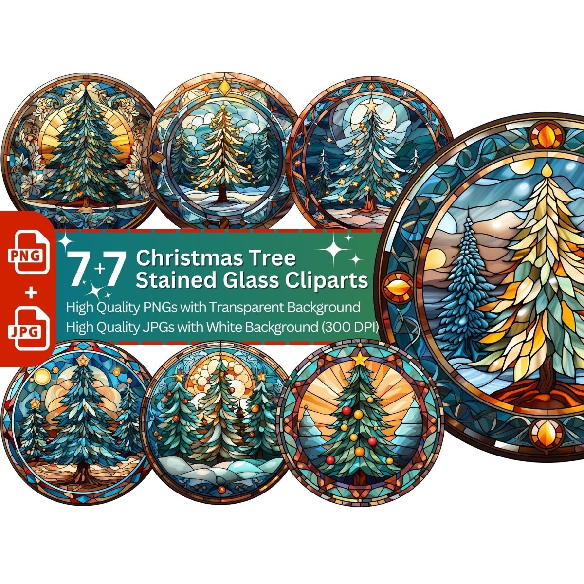 Christmas Tree Stained Glass 7+7 PNG Clip Art Bundle Winter Decoration - Everything Pixel