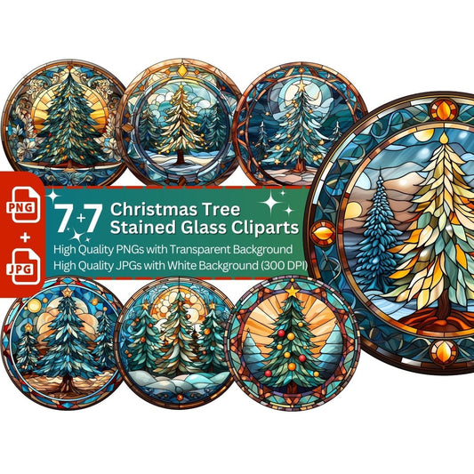 Christmas Tree Stained Glass 7+7 PNG Clip Art Bundle Winter Decoration - Everything Pixel