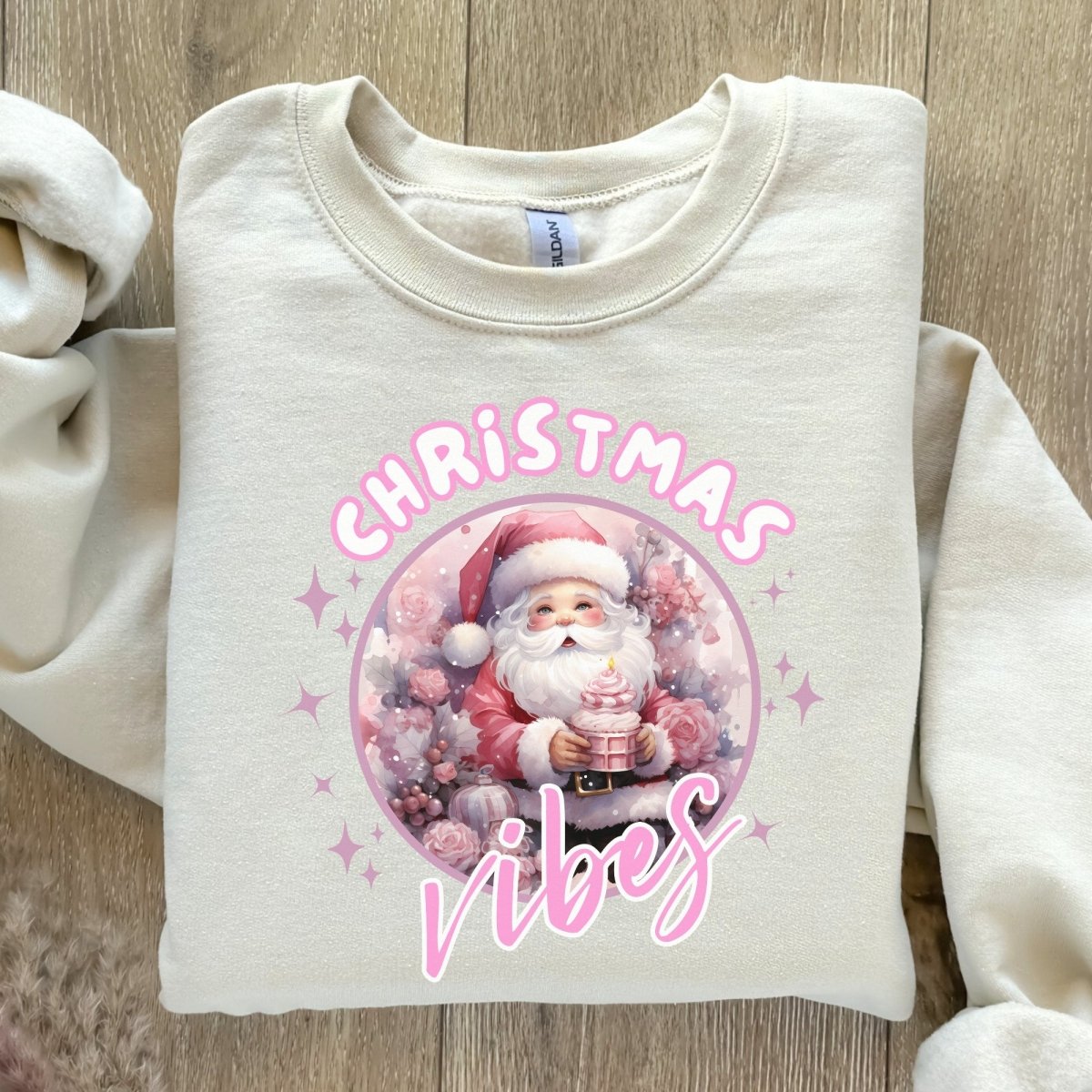 Christmas Vibes Santa Pullover - High Quality Funny Unisex Sweatshirt, Pink Holiday Design, Christmas Vacation Sweater, Cute Pink Santa - Everything Pixel