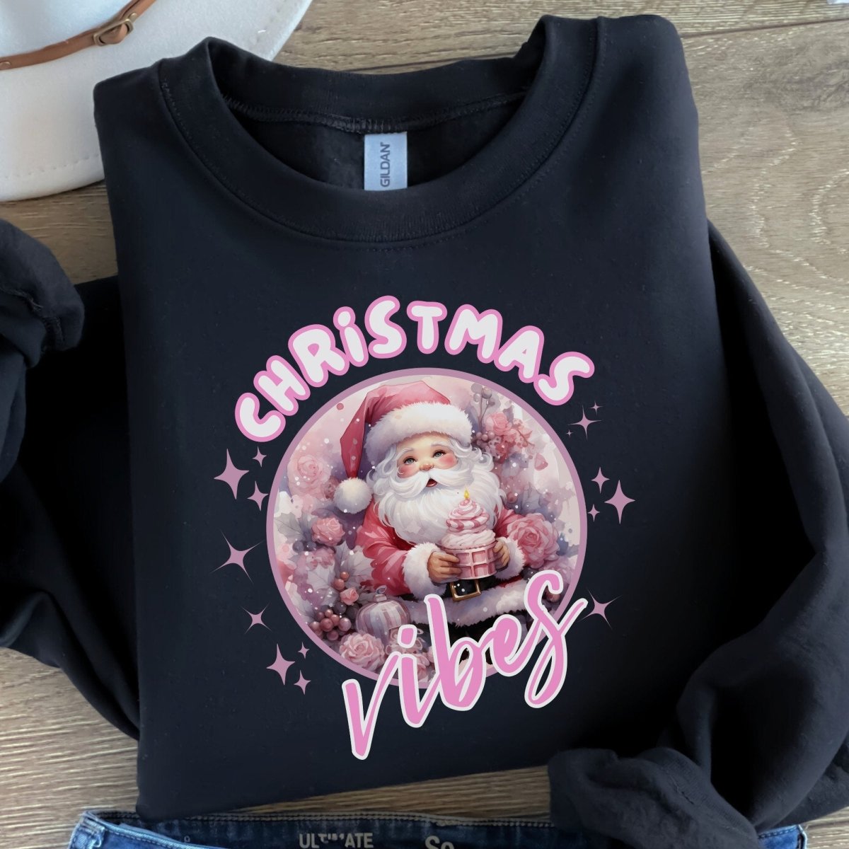 Christmas Vibes Santa Pullover - High Quality Funny Unisex Sweatshirt, Pink Holiday Design, Christmas Vacation Sweater, Cute Pink Santa - Everything Pixel