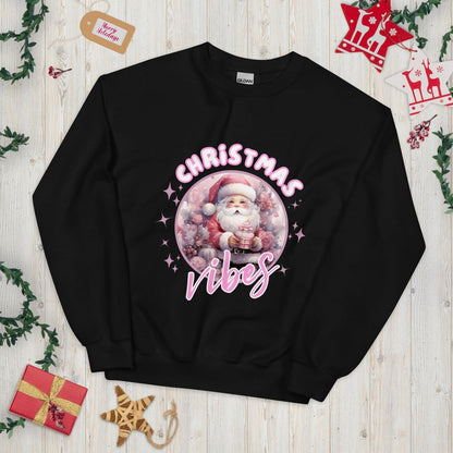 Christmas Vibes Santa Pullover - High Quality Funny Unisex Sweatshirt, Pink Holiday Design, Christmas Vacation Sweater, Cute Pink Santa - Everything Pixel