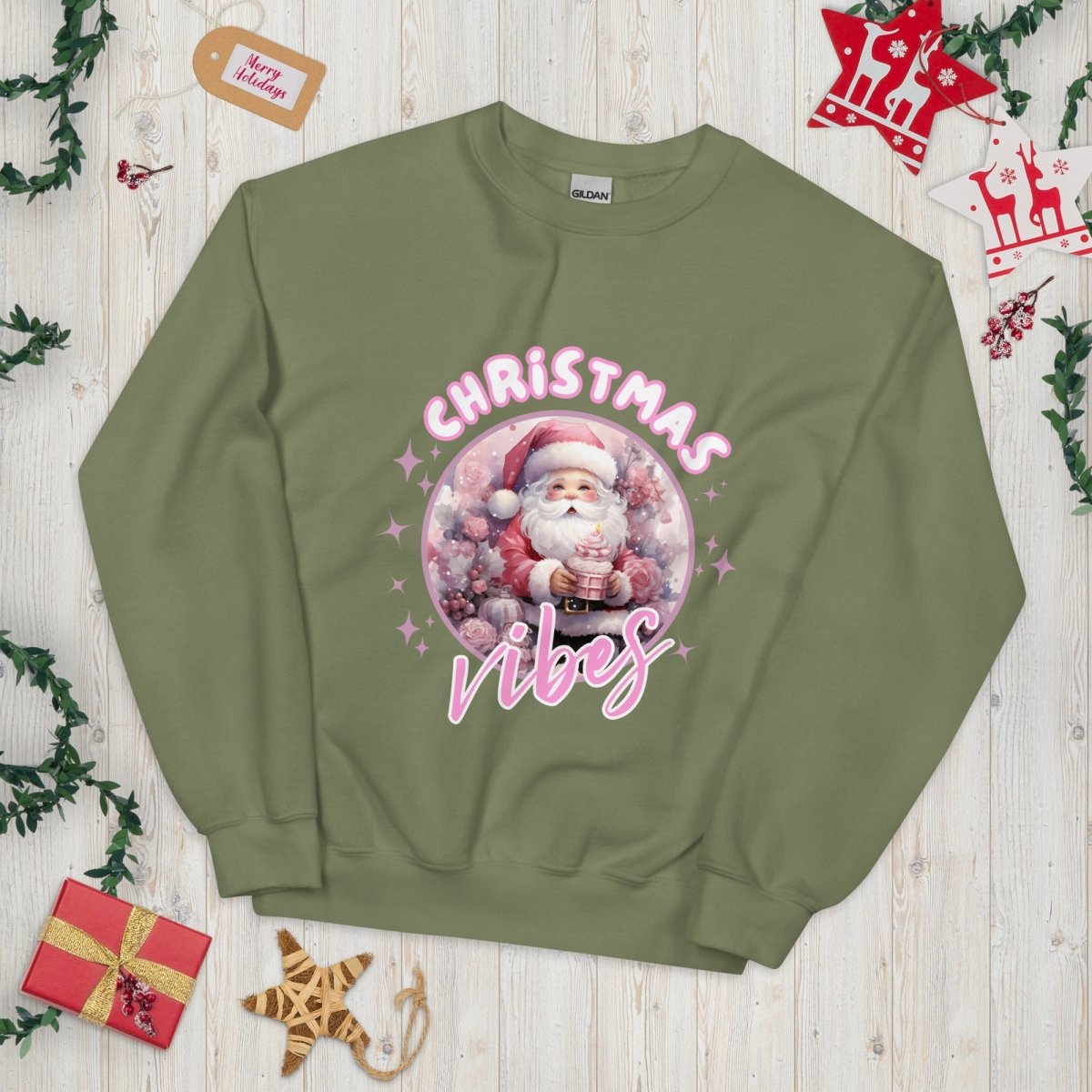 Christmas Vibes Santa Pullover - High Quality Funny Unisex Sweatshirt, Pink Holiday Design, Christmas Vacation Sweater, Cute Pink Santa - Everything Pixel