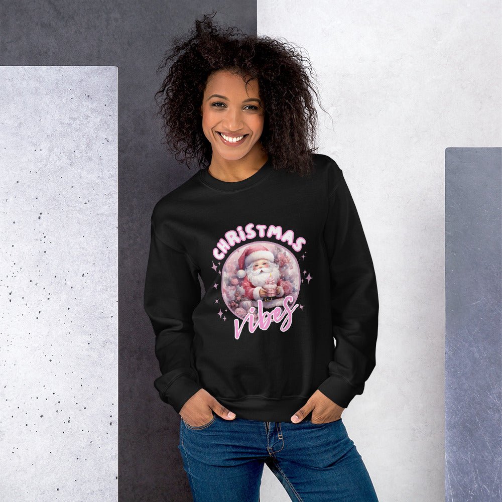 Christmas Vibes Santa Pullover - High Quality Funny Unisex Sweatshirt, Pink Holiday Design, Christmas Vacation Sweater, Cute Pink Santa - Everything Pixel