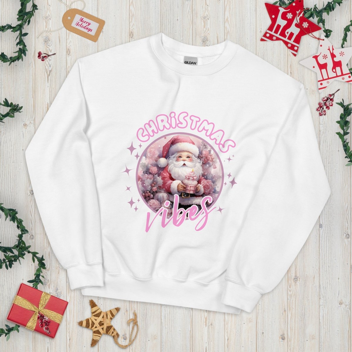 Christmas Vibes Santa Pullover - High Quality Funny Unisex Sweatshirt, Pink Holiday Design, Christmas Vacation Sweater, Cute Pink Santa - Everything Pixel