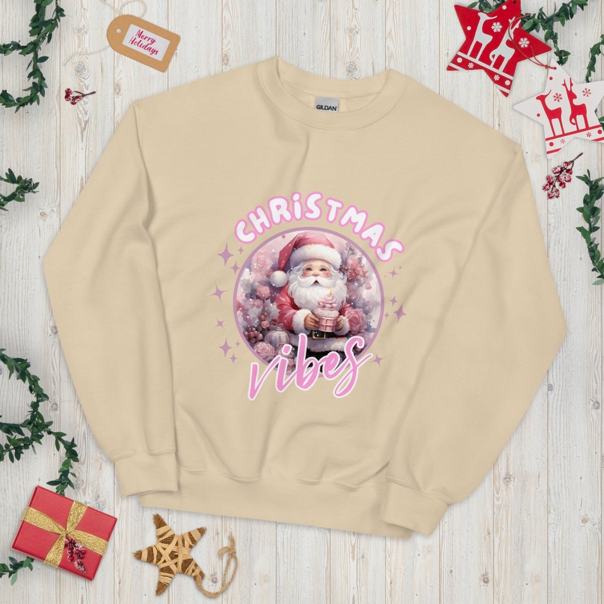Christmas Vibes Santa Pullover - High Quality Funny Unisex Sweatshirt, Pink Holiday Design, Christmas Vacation Sweater, Cute Pink Santa - Everything Pixel