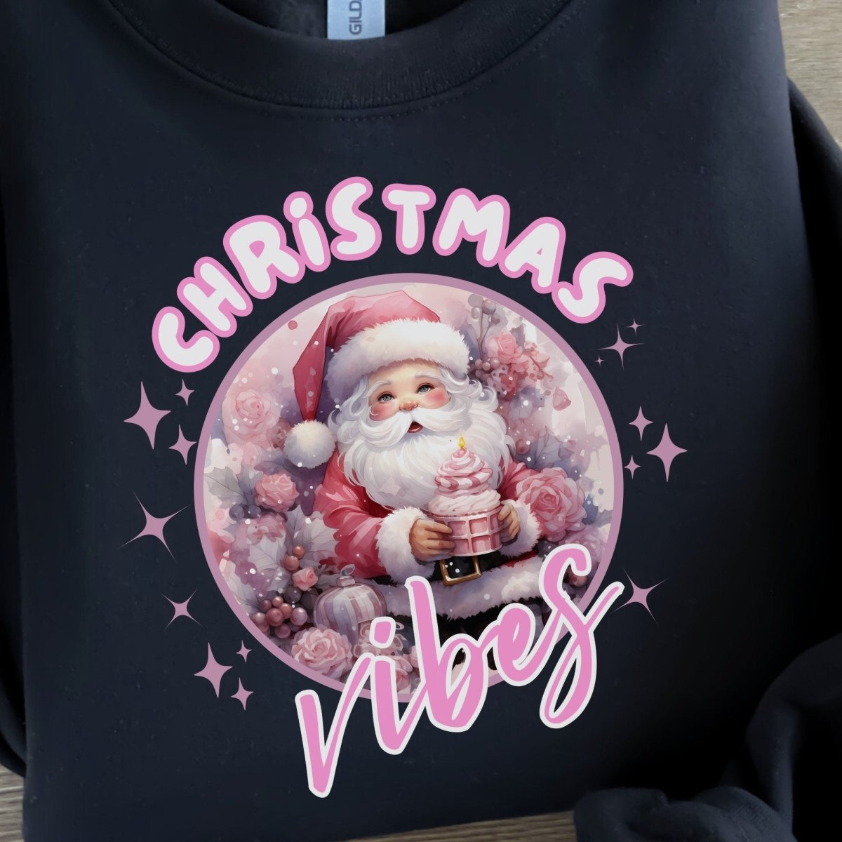 Christmas Vibes Santa Pullover - High Quality Funny Unisex Sweatshirt, Pink Holiday Design, Christmas Vacation Sweater, Cute Pink Santa - Everything Pixel