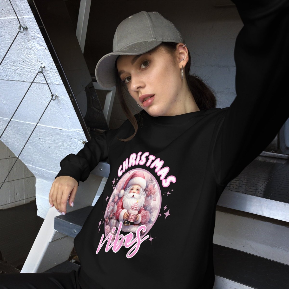 Christmas Vibes Santa Pullover - High Quality Funny Unisex Sweatshirt, Pink Holiday Design, Christmas Vacation Sweater, Cute Pink Santa - Everything Pixel