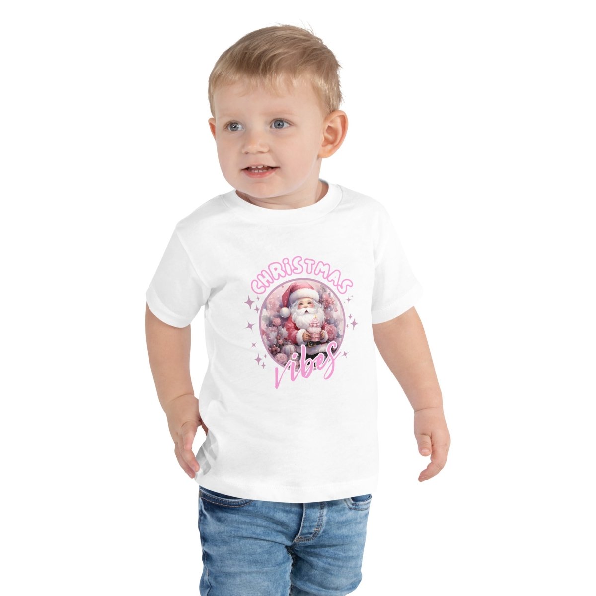 Christmas Vibes Santa T-Shirt - High Quality Funny Children T-Shirt, Pink Holiday Toddler Shirt, Christmas Vacation Tee, Pink Santa Shirt - Everything Pixel