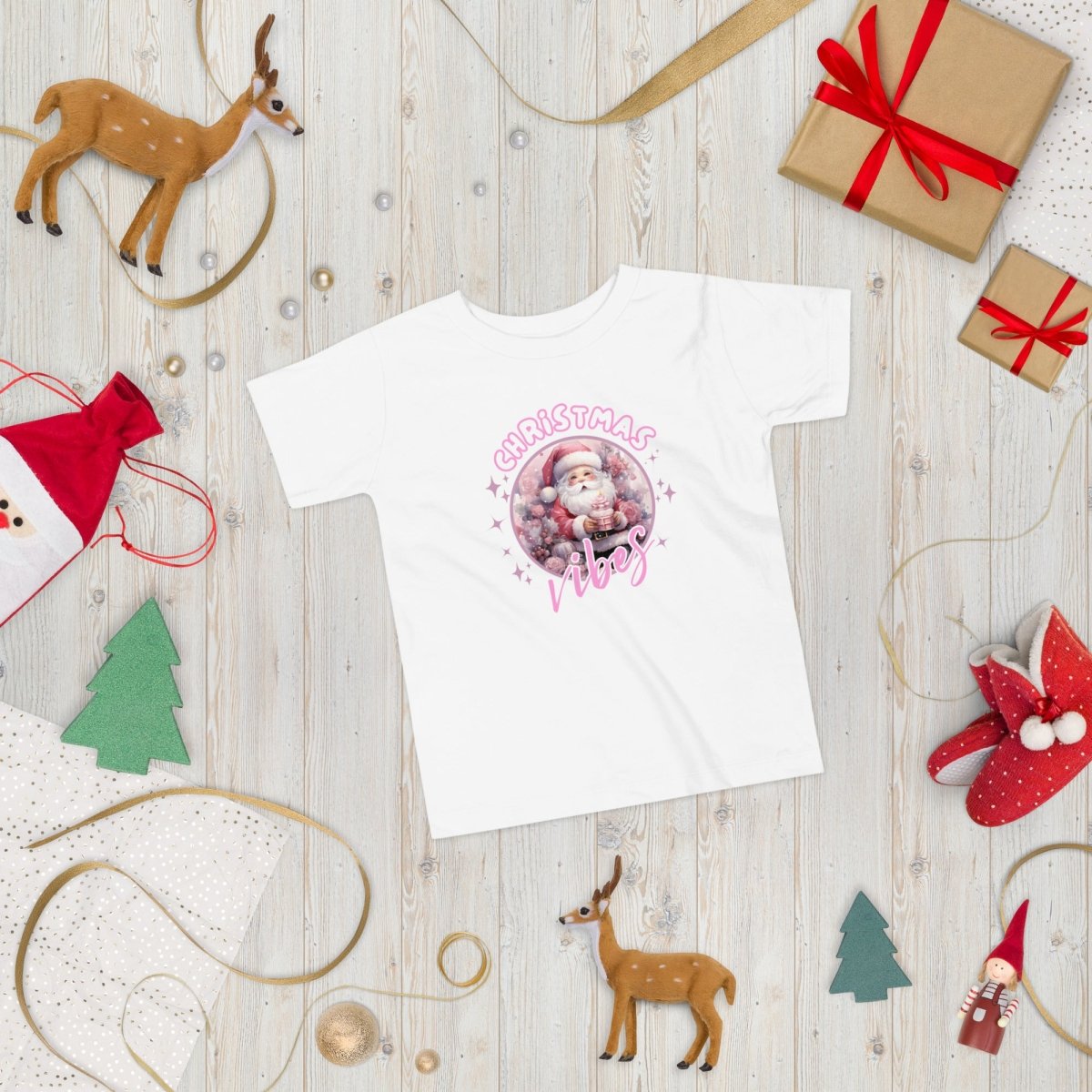 Christmas Vibes Santa T-Shirt - High Quality Funny Children T-Shirt, Pink Holiday Toddler Shirt, Christmas Vacation Tee, Pink Santa Shirt - Everything Pixel