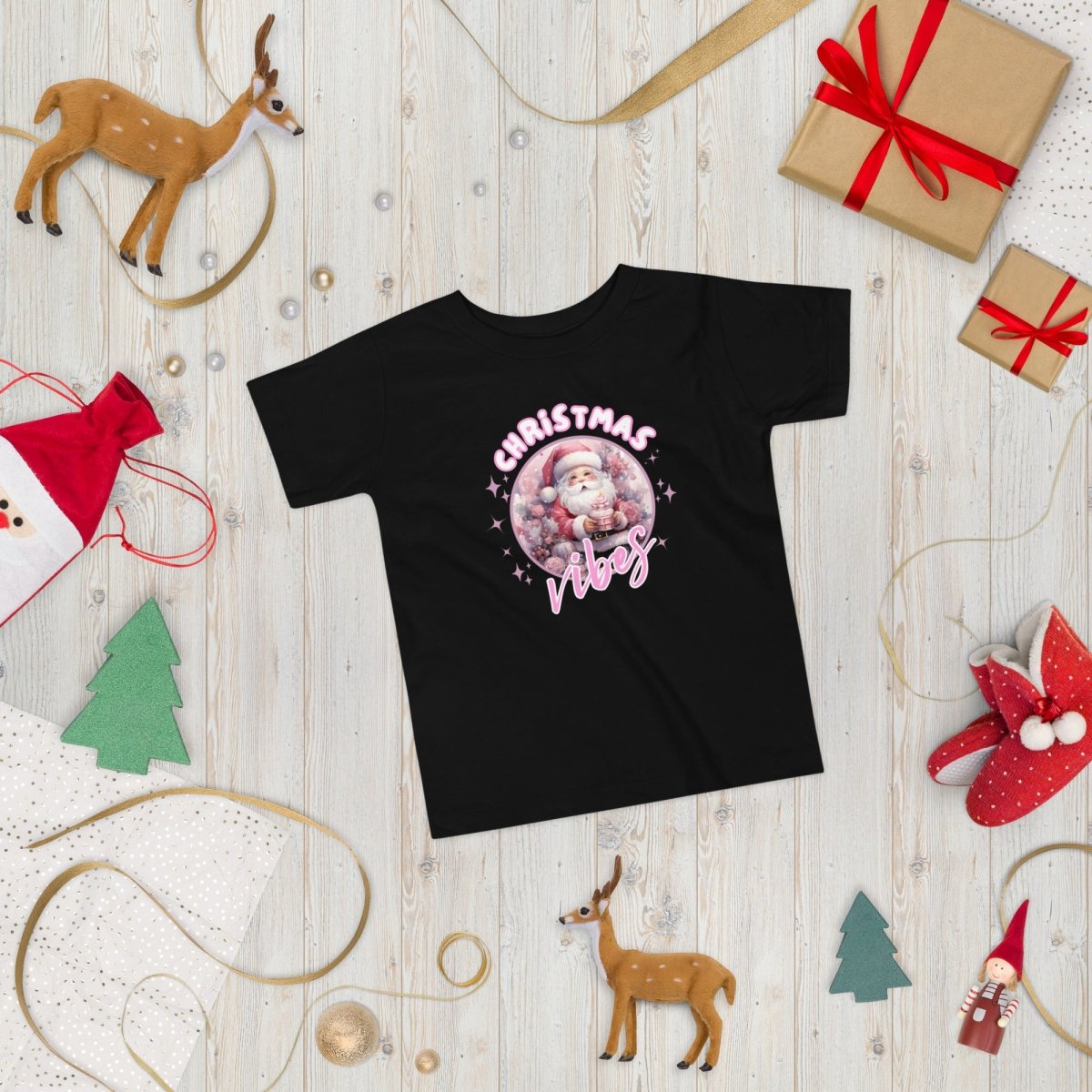 Christmas Vibes Santa T-Shirt - High Quality Funny Children T-Shirt, Pink Holiday Toddler Shirt, Christmas Vacation Tee, Pink Santa Shirt - Everything Pixel