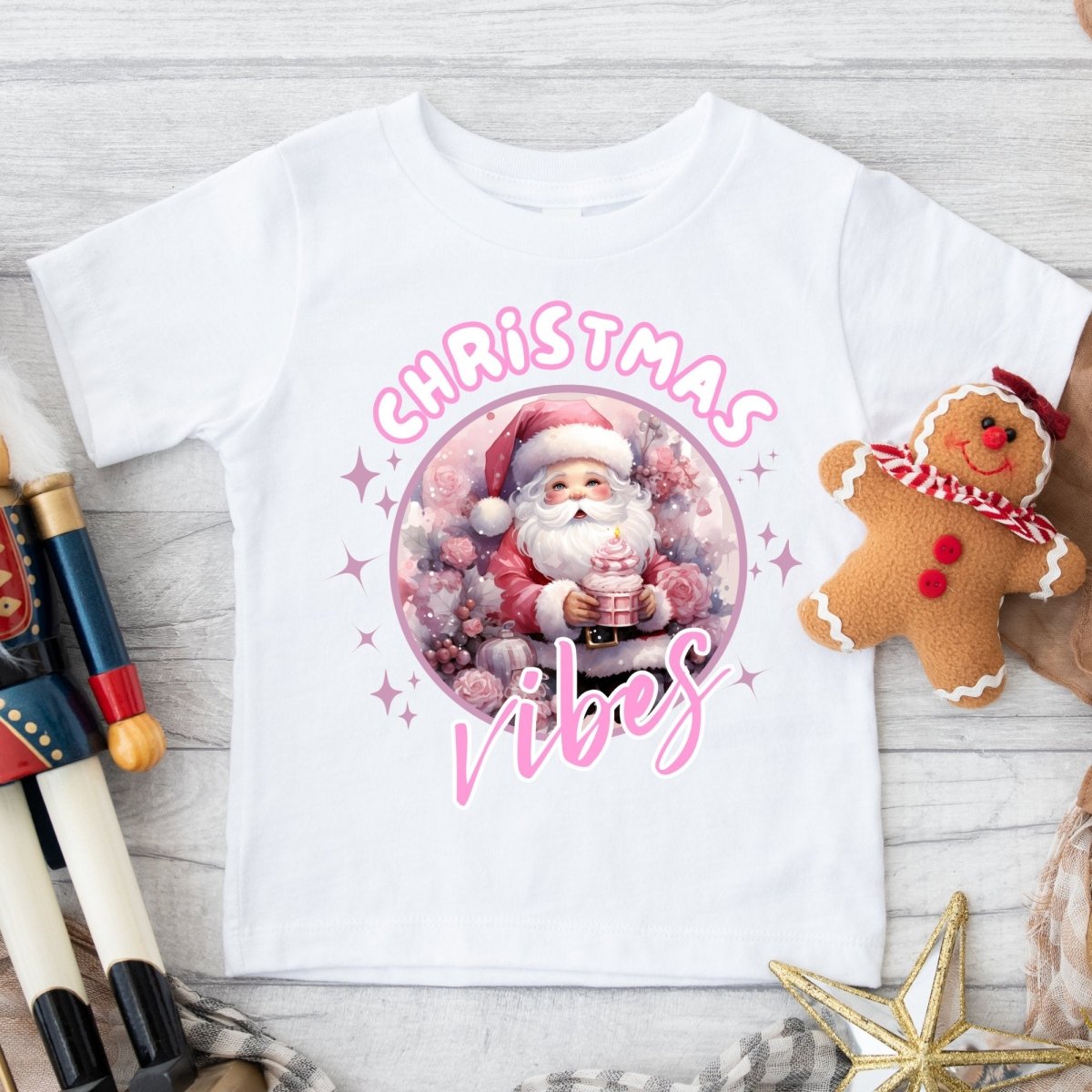 Christmas Vibes Santa T-Shirt - High Quality Funny Children T-Shirt, Pink Holiday Toddler Shirt, Christmas Vacation Tee, Pink Santa Shirt - Everything Pixel