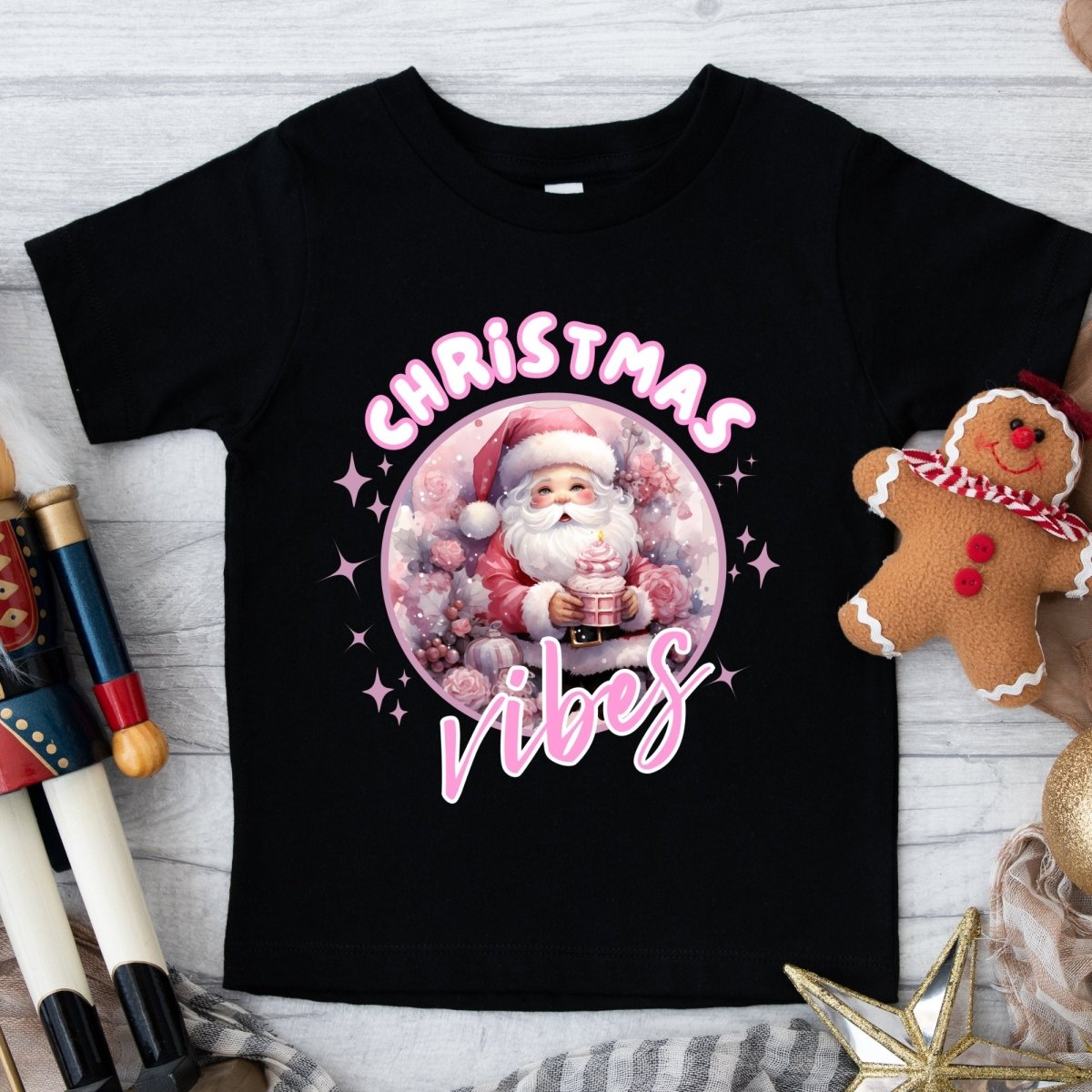 Christmas Vibes Santa T-Shirt - High Quality Funny Children T-Shirt, Pink Holiday Toddler Shirt, Christmas Vacation Tee, Pink Santa Shirt - Everything Pixel