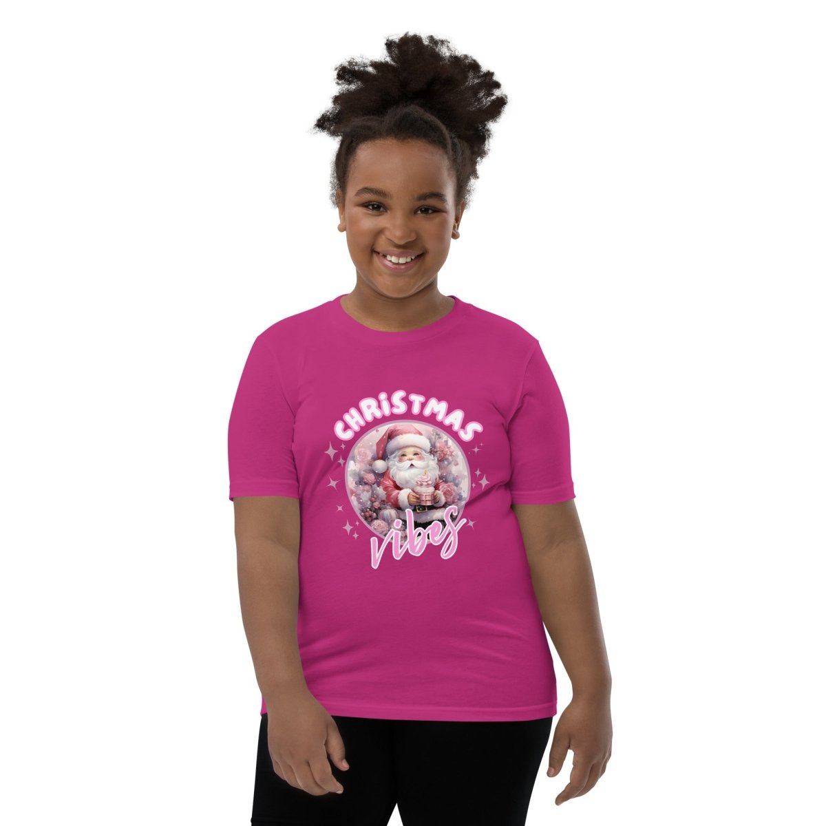 Christmas Vibes Santa T-Shirt - High Quality Funny Teenager T-Shirt, Pink Holiday Youth Shirt, Christmas Vacation Tee, Pink Santa Shirt - Everything Pixel
