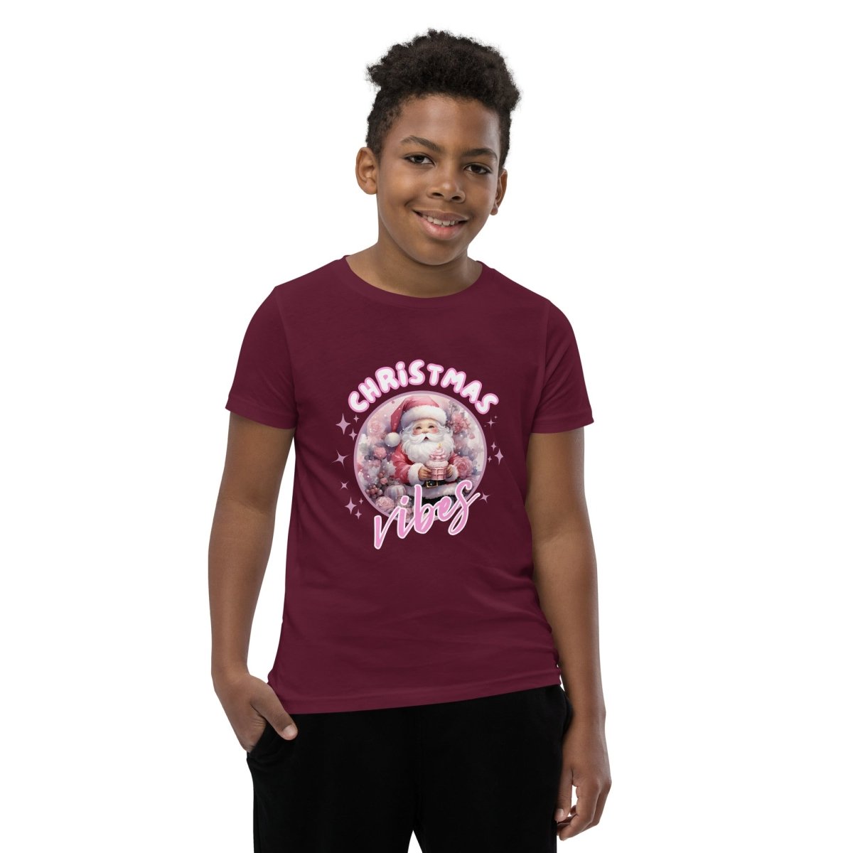 Christmas Vibes Santa T-Shirt - High Quality Funny Teenager T-Shirt, Pink Holiday Youth Shirt, Christmas Vacation Tee, Pink Santa Shirt - Everything Pixel