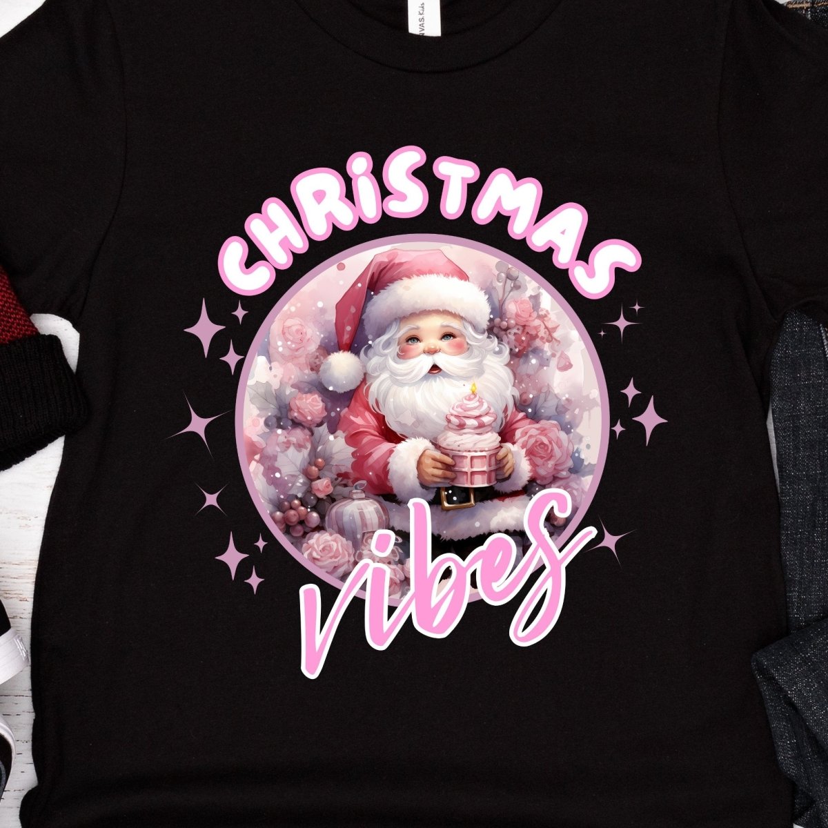 Christmas Vibes Santa T-Shirt - High Quality Funny Teenager T-Shirt, Pink Holiday Youth Shirt, Christmas Vacation Tee, Pink Santa Shirt - Everything Pixel