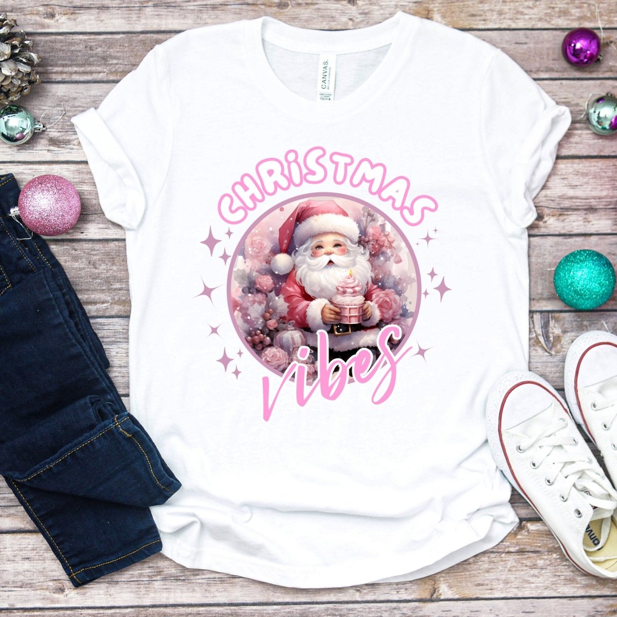 Christmas Vibes Santa T-Shirt - High Quality Funny Teenager T-Shirt, Pink Holiday Youth Shirt, Christmas Vacation Tee, Pink Santa Shirt - Everything Pixel