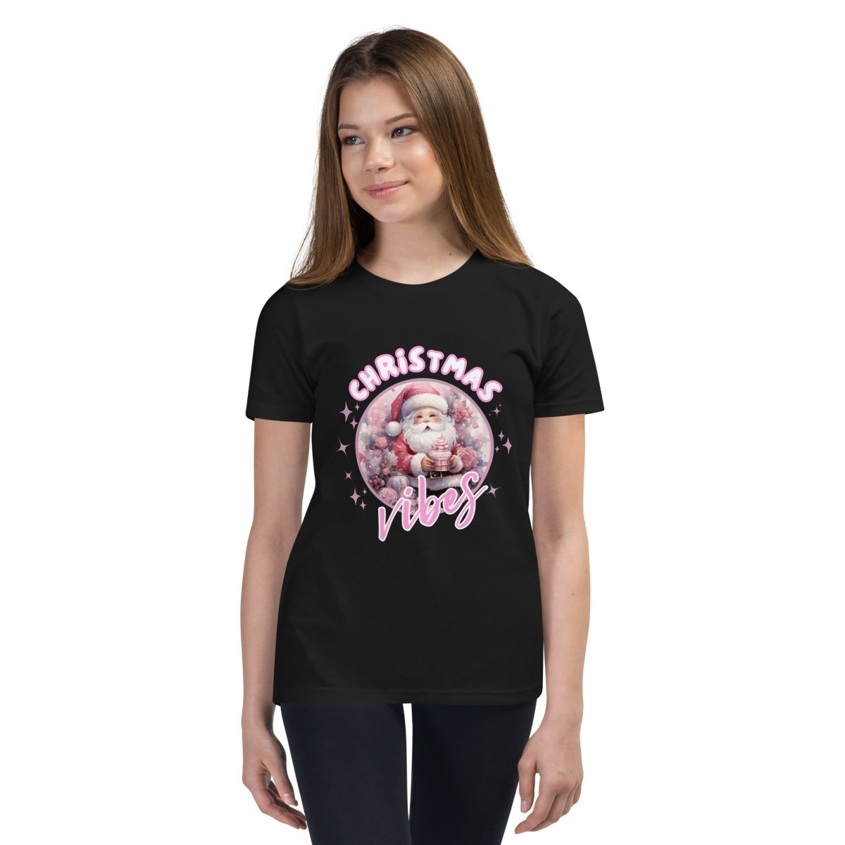 Christmas Vibes Santa T-Shirt - High Quality Funny Teenager T-Shirt, Pink Holiday Youth Shirt, Christmas Vacation Tee, Pink Santa Shirt - Everything Pixel