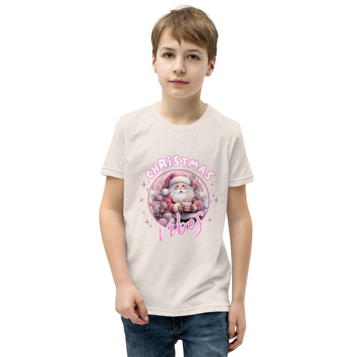 Christmas Vibes Santa T-Shirt - High Quality Funny Teenager T-Shirt, Pink Holiday Youth Shirt, Christmas Vacation Tee, Pink Santa Shirt - Everything Pixel