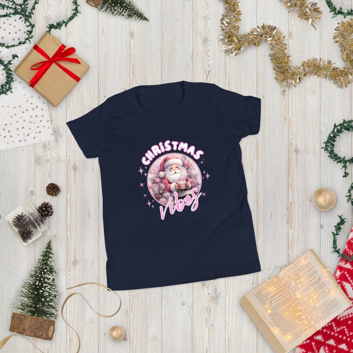 Christmas Vibes Santa T-Shirt - High Quality Funny Teenager T-Shirt, Pink Holiday Youth Shirt, Christmas Vacation Tee, Pink Santa Shirt - Everything Pixel