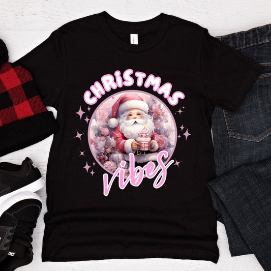 Christmas Vibes Santa T-Shirt - High Quality Funny Teenager T-Shirt, Pink Holiday Youth Shirt, Christmas Vacation Tee, Pink Santa Shirt - Everything Pixel