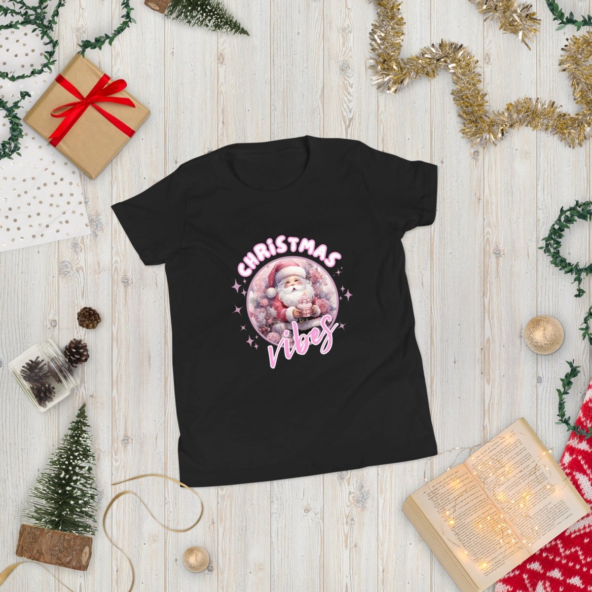 Christmas Vibes Santa T-Shirt - High Quality Funny Teenager T-Shirt, Pink Holiday Youth Shirt, Christmas Vacation Tee, Pink Santa Shirt - Everything Pixel