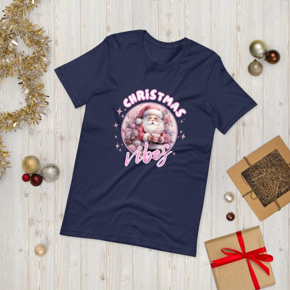 Christmas Vibes Santa T-Shirt - High Quality Funny Unisex T-Shirt, Pink Holiday Shirt Design, Christmas Vacation Tee, Cute Pink Santa Shirt - Everything Pixel