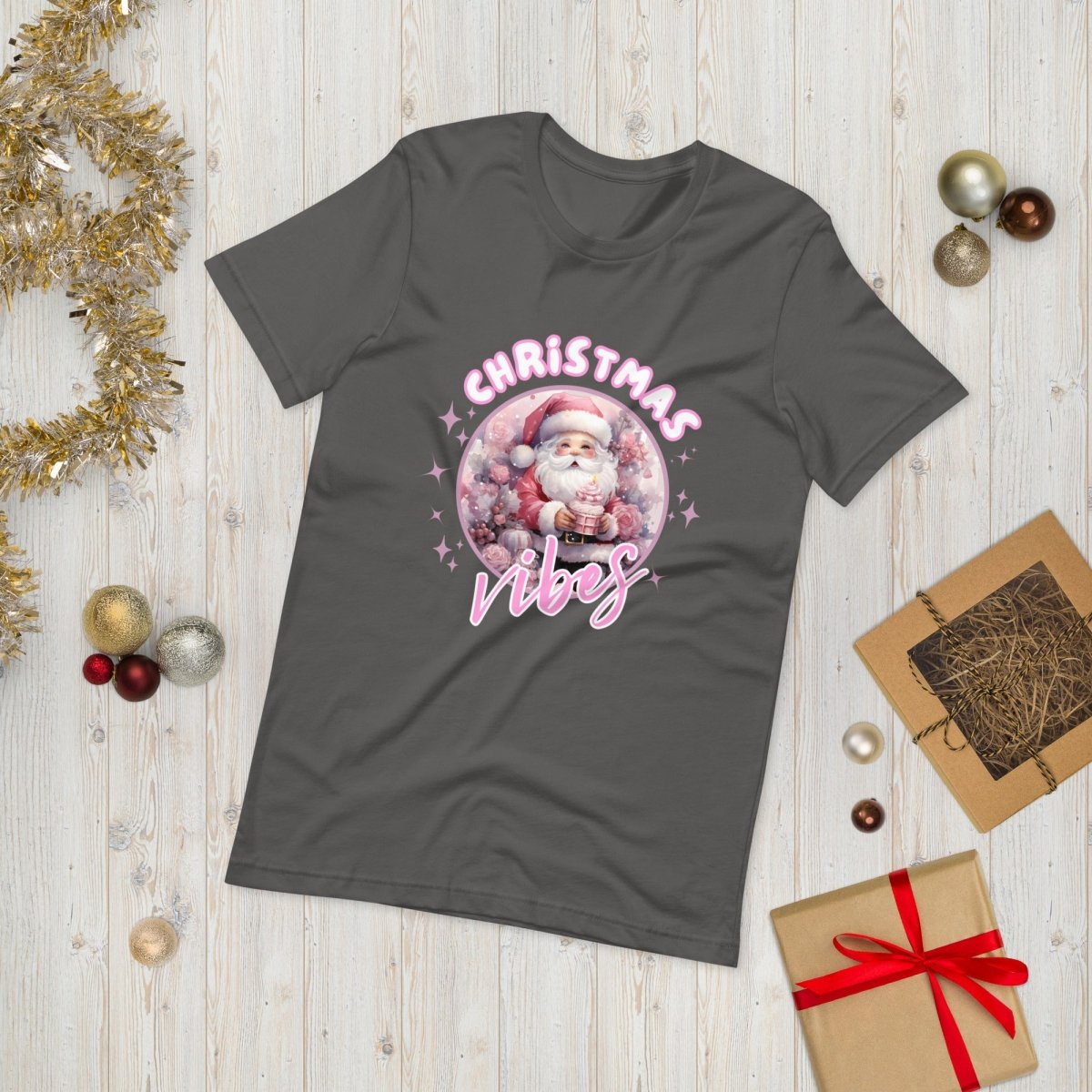 Christmas Vibes Santa T-Shirt - High Quality Funny Unisex T-Shirt, Pink Holiday Shirt Design, Christmas Vacation Tee, Cute Pink Santa Shirt - Everything Pixel