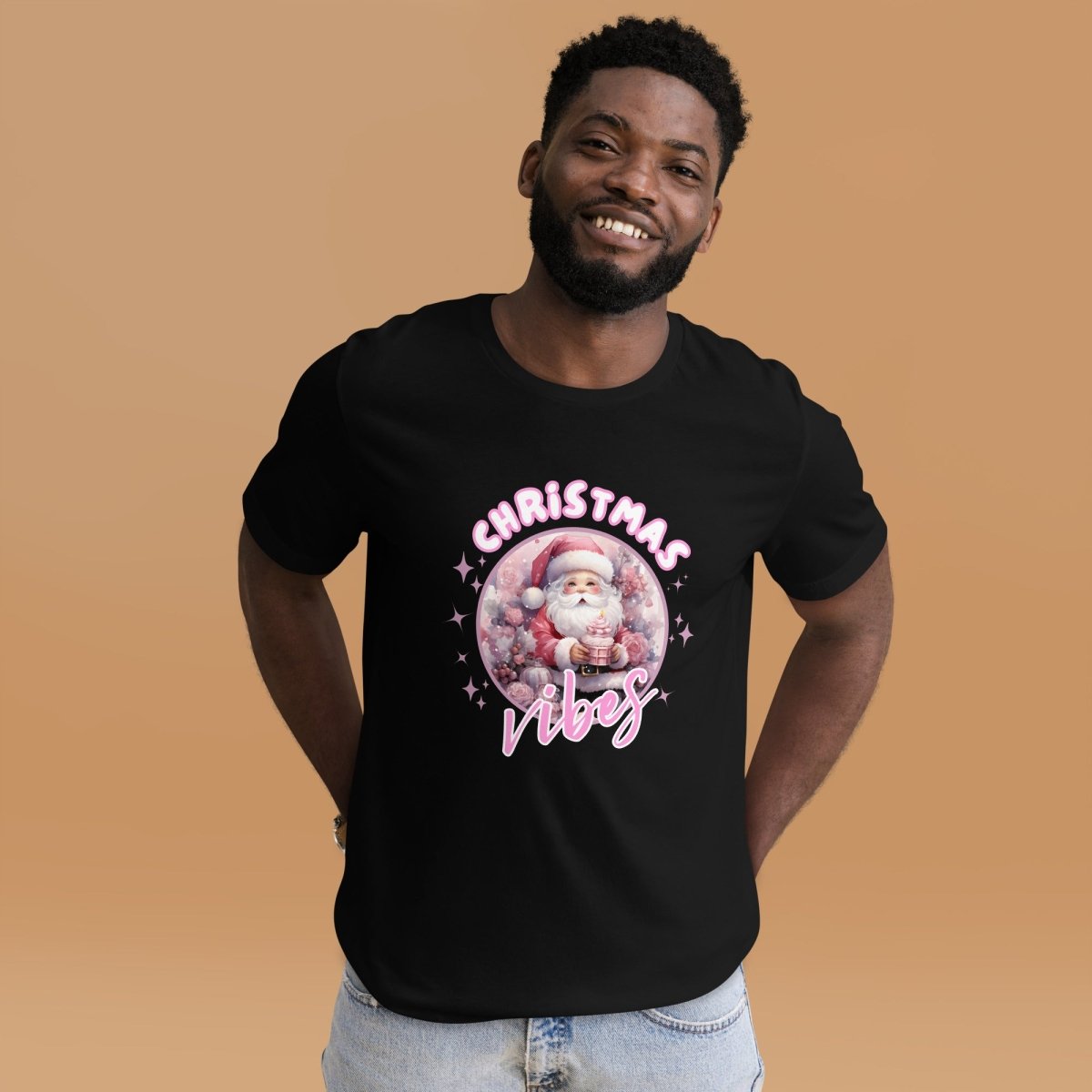 Christmas Vibes Santa T-Shirt - High Quality Funny Unisex T-Shirt, Pink Holiday Shirt Design, Christmas Vacation Tee, Cute Pink Santa Shirt - Everything Pixel