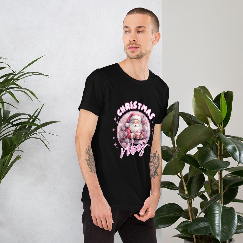 Christmas Vibes Santa T-Shirt - High Quality Funny Unisex T-Shirt, Pink Holiday Shirt Design, Christmas Vacation Tee, Cute Pink Santa Shirt - Everything Pixel