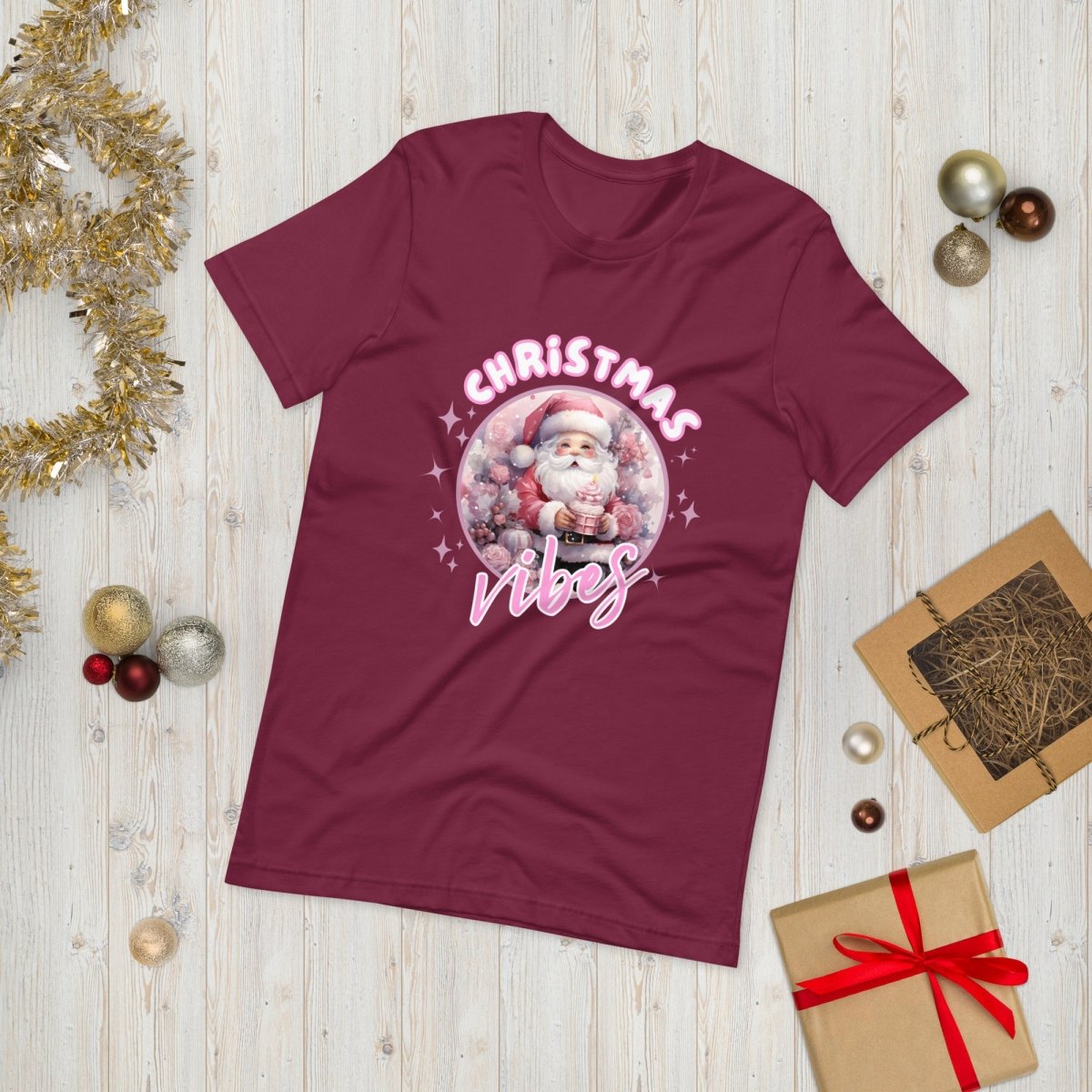 Christmas Vibes Santa T-Shirt - High Quality Funny Unisex T-Shirt, Pink Holiday Shirt Design, Christmas Vacation Tee, Cute Pink Santa Shirt - Everything Pixel