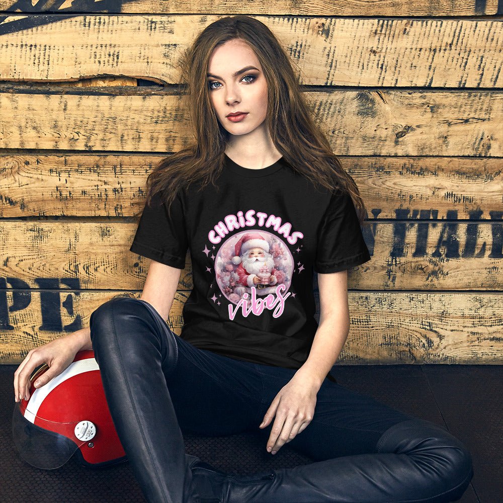 Christmas Vibes Santa T-Shirt - High Quality Funny Unisex T-Shirt, Pink Holiday Shirt Design, Christmas Vacation Tee, Cute Pink Santa Shirt - Everything Pixel