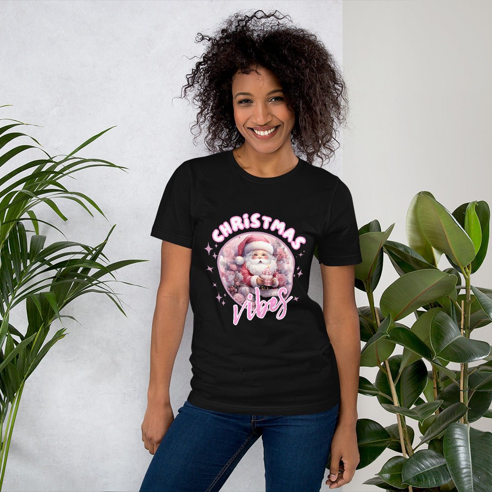 Christmas Vibes Santa T-Shirt - High Quality Funny Unisex T-Shirt, Pink Holiday Shirt Design, Christmas Vacation Tee, Cute Pink Santa Shirt - Everything Pixel
