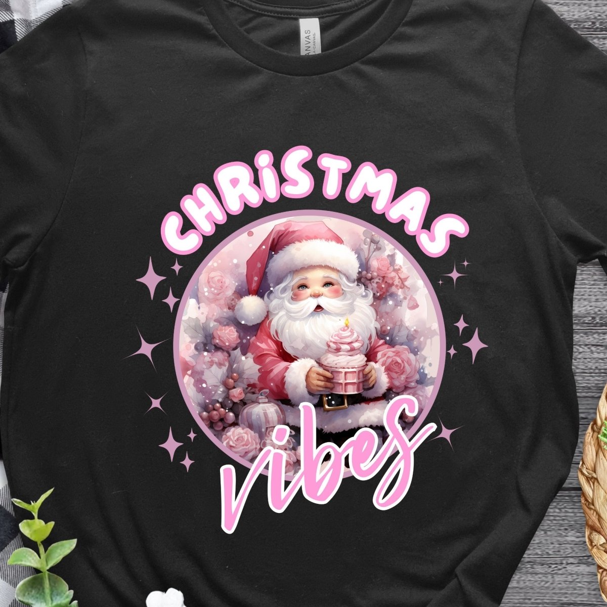 Christmas Vibes Santa T-Shirt - High Quality Funny Unisex T-Shirt, Pink Holiday Shirt Design, Christmas Vacation Tee, Cute Pink Santa Shirt - Everything Pixel