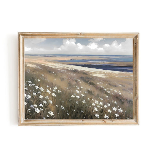 Coastal Wildflower Meadow Seascape Vintage Painting Cottagecore Decoration - Everything Pixel