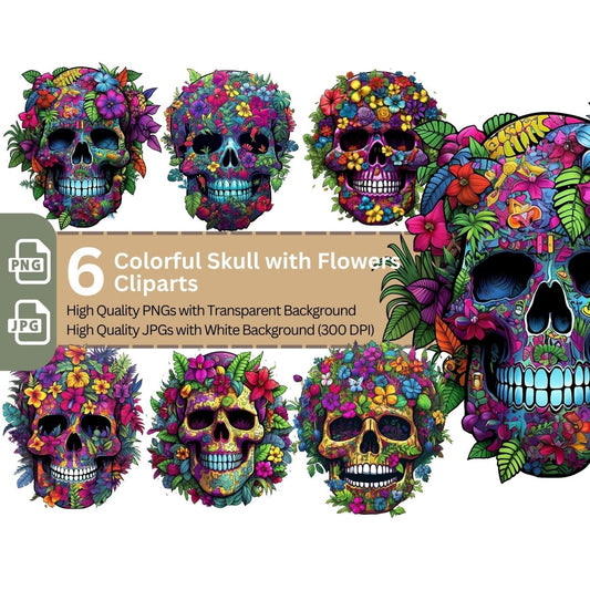 Colorful Skull with Flowers 6+6 PNG Clip Art Bundle - Everything Pixel