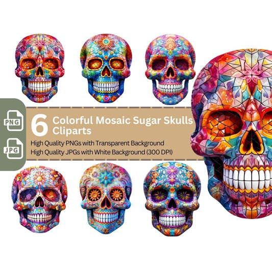 Colorful Sugar Skulls 6+6 PNG Clip Art Bundle Cinco de Mayo - Everything Pixel