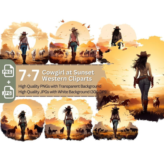 Cowgirl Sunset 7+7 PNG Clip Art Bundle for Western Lovers - Everything Pixel