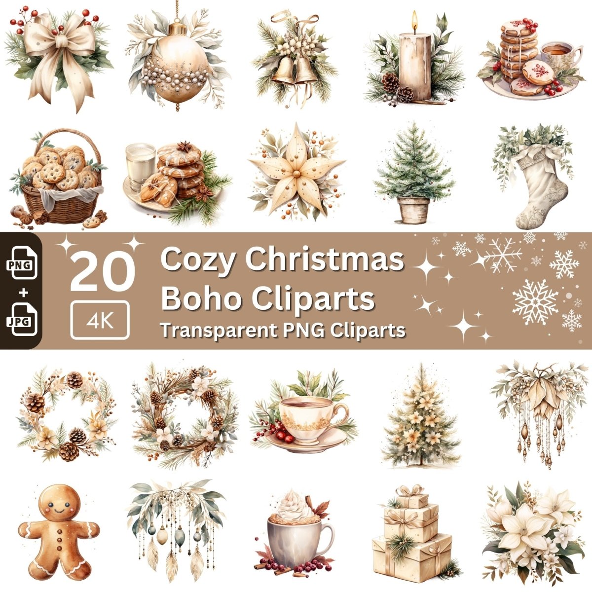 Cozy Christmas Clipart 20 PNG Bundle Boho Warm Soft Color Graphic Seasonal Winter Cliparts Beige Hygge Christmas Invitation - Everything Pixel
