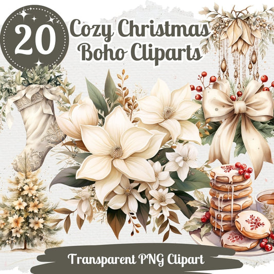 Cozy Christmas Clipart 20 PNG Bundle Boho Warm Soft Color Graphic Seasonal Winter Cliparts Beige Hygge Christmas Invitation - Everything Pixel