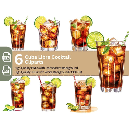 Cuba Libre Cocktail 6+6 PNG Clip Art Bundle Classic Summer Cocktail - Everything Pixel
